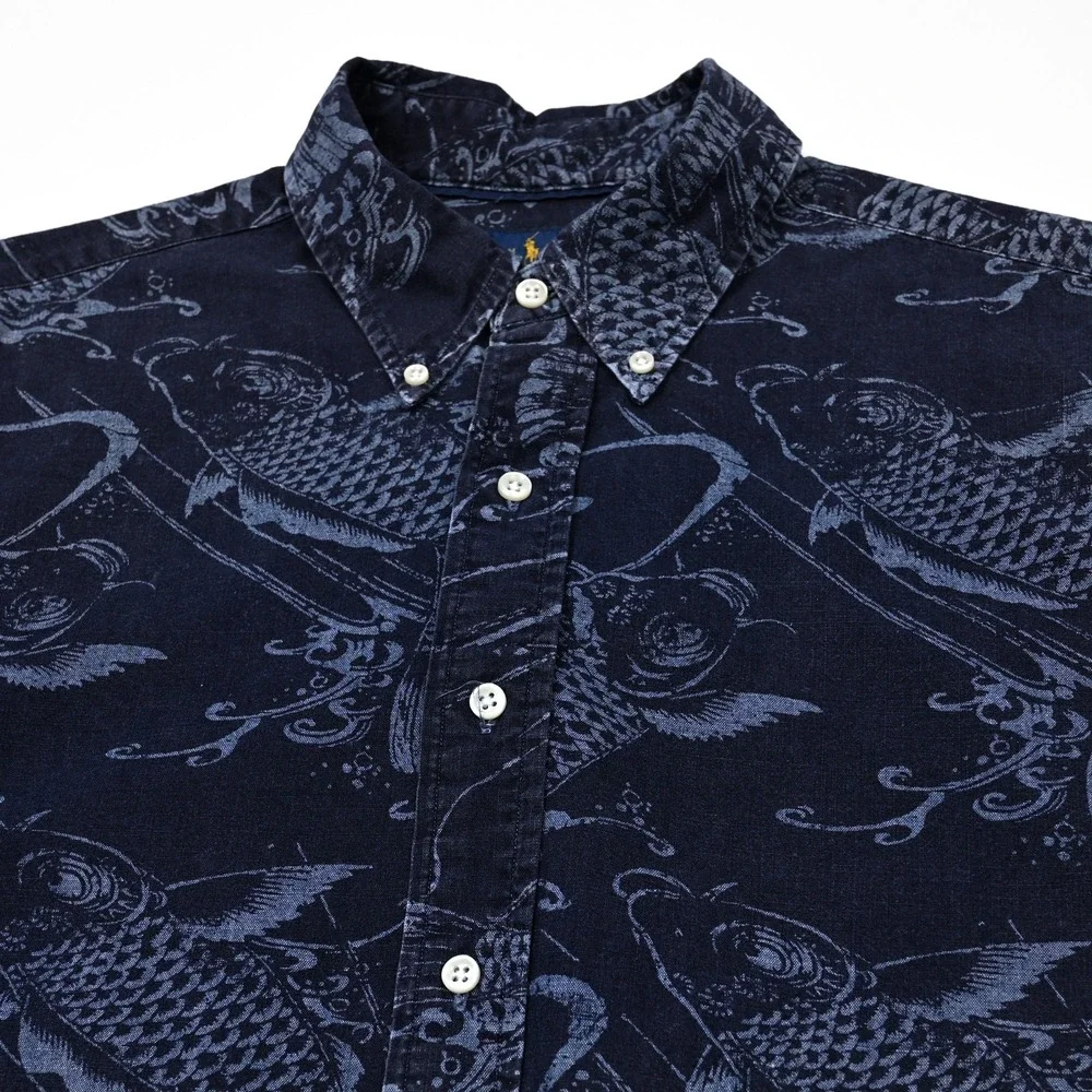 Polo Ralph Lauren‎ Slim Fit Button Up Shirt Men's L Blue Koi Fish All Over Print